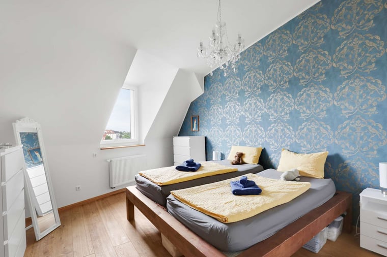 Stylish Bedroom with | King Bed, Natural Light & Chandelier