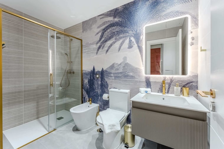 Spa-Inspired Bathroom – Rainfall Shower, Chic Vanity, and Artistic Mural Accents