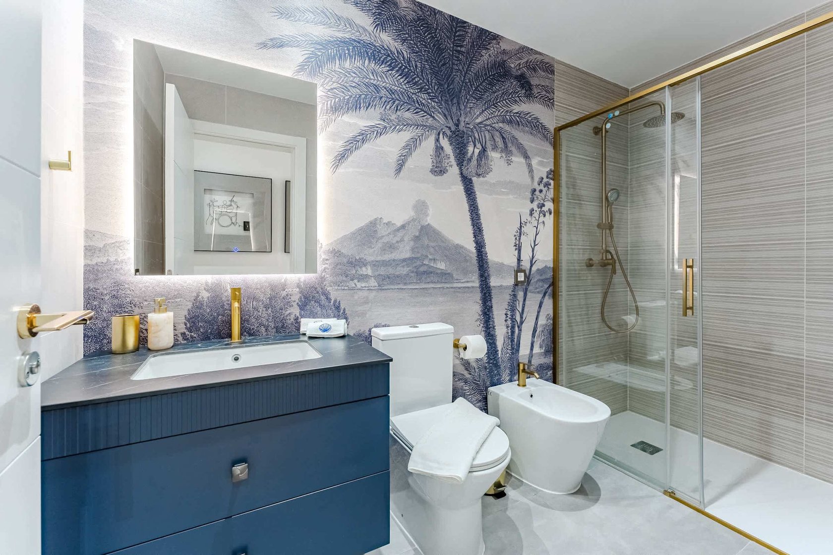 Chic Spa-Inspired Bathroom – Refresh in Style with Gold Fixtures, Tropical Mural, and Rainfall Walk-In Shower