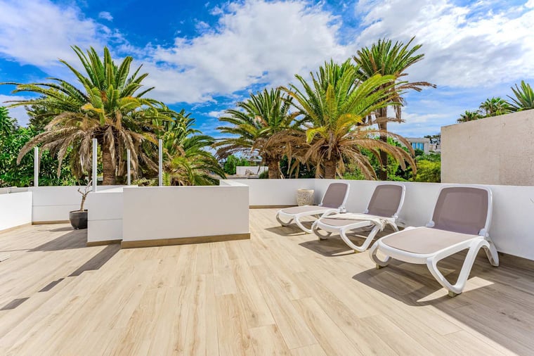 Palm-Fringed Rooftop Terrace with Sun Loungers – Your Private Open-Air Solarium for Sunbathing and Relaxing