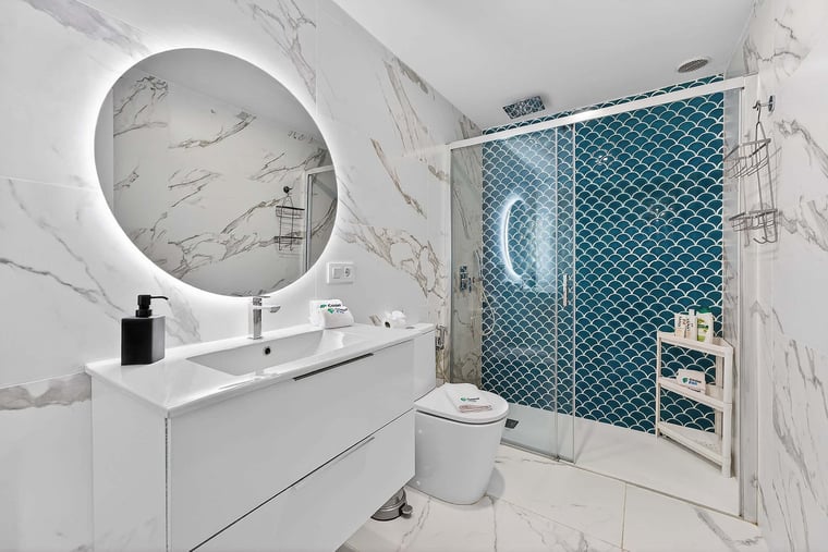 Contemporary Bathroom with Walk-In Shower and Designer Tile Feature