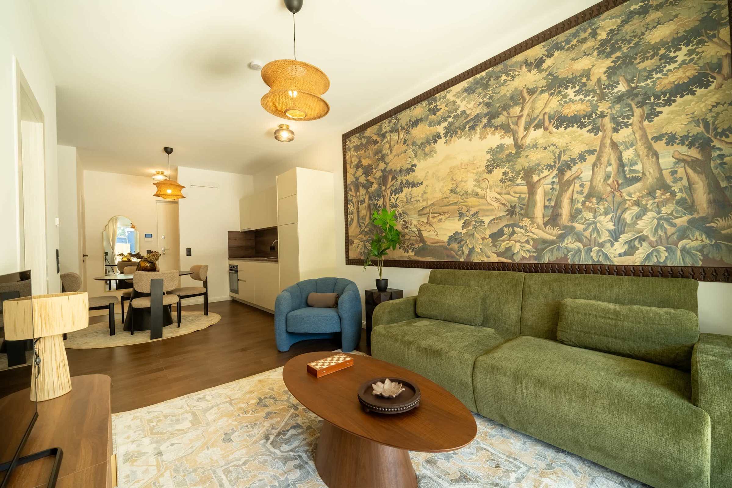 Open-plan living, dining and kitchen