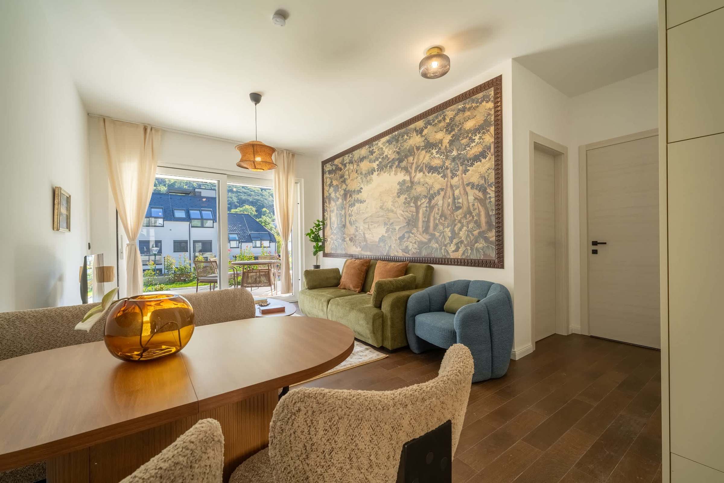 Dining table with the living room beyond