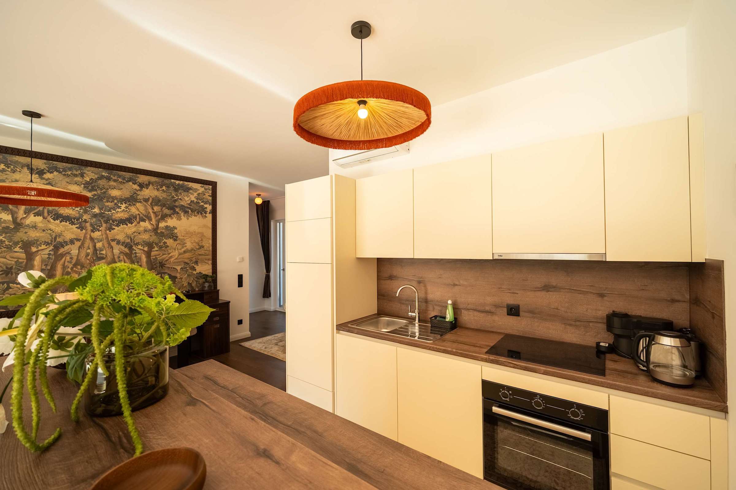 Kitchen with induction hob, oven and kettle