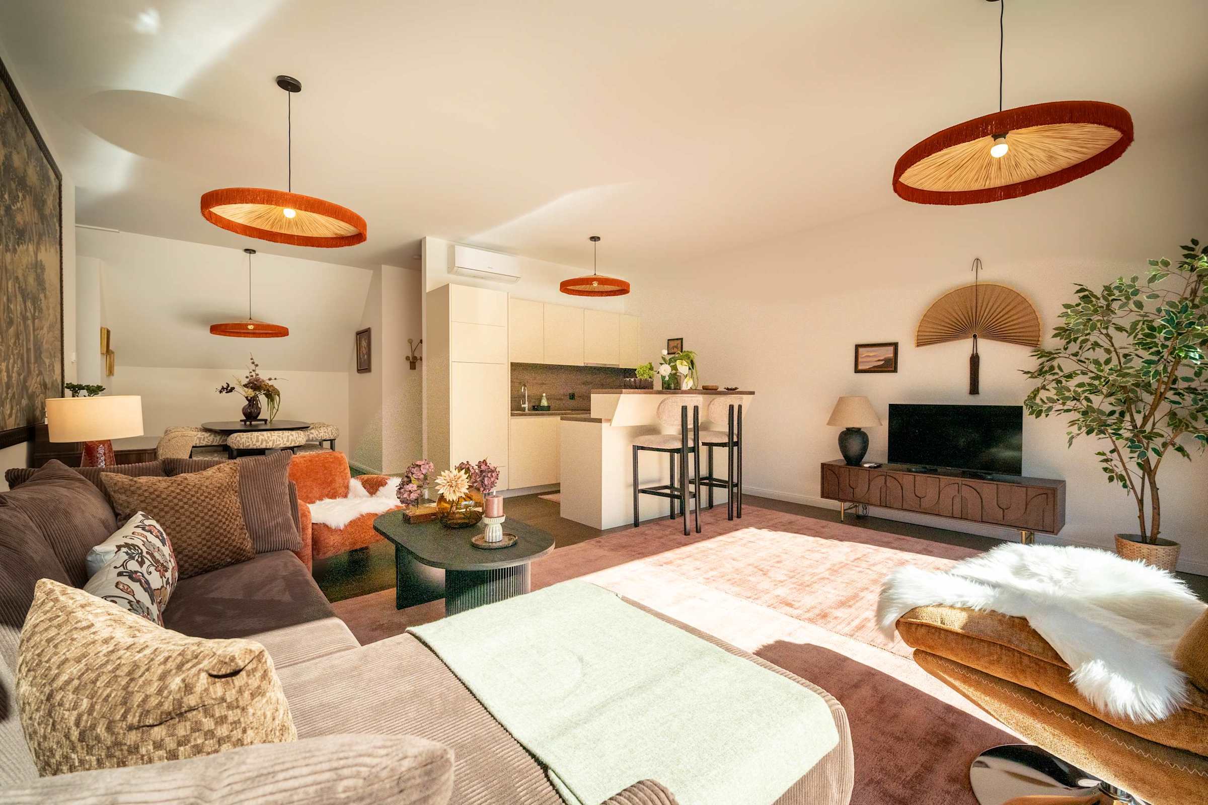 Living room with corner sofa bed and smart TV